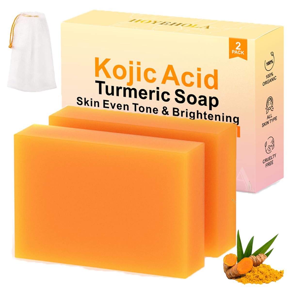 Kojic Acid Turmeric Soap Bar for Face - Dark Spot Remover, Moisturizing & Nourishing Natural Ingredients 2 Pack