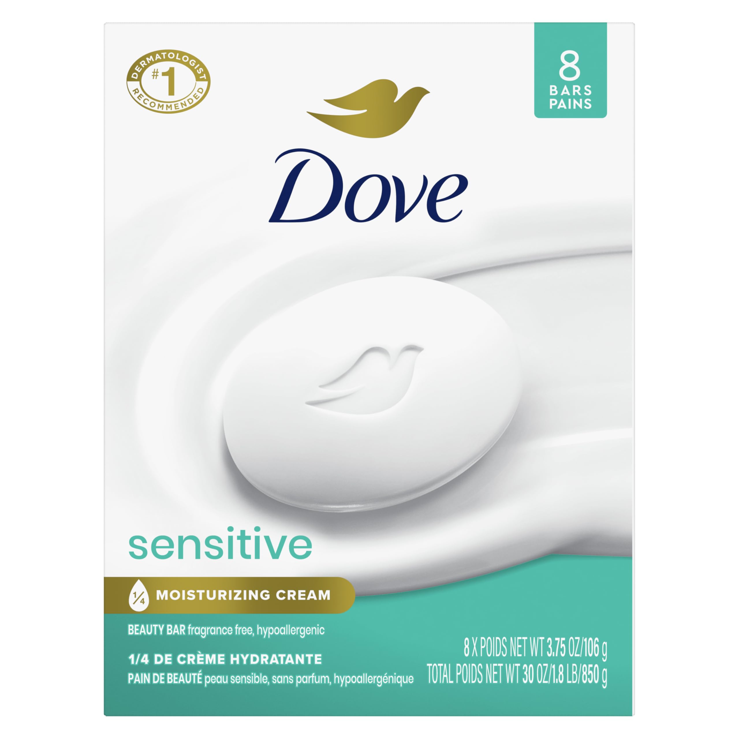 Dove Sensitive Skin Beauty Bar Soap, Fragrance Free and Hypoallergenic for Sensitive Skin, 8 Bars (|75 oz)
| Dove Sensi